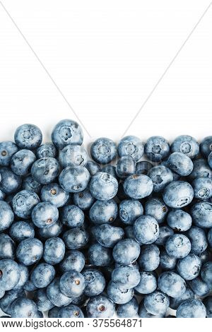 Tasty Blueberries Fruit Are Scattered On A White Background. Frame