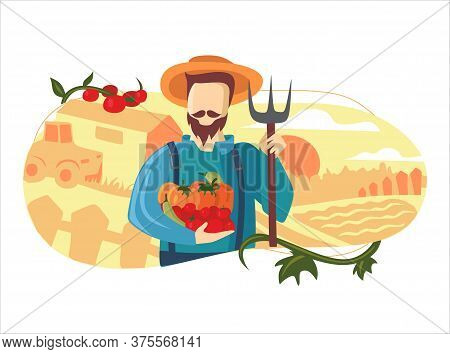 Farmer With Harvest. Seeds And Crops. Agriculture Farm Life. Fall Autmn Summer. Vegetables, Fruits A