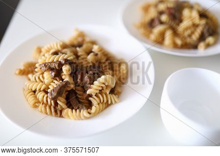 Spaghetti With Meat And On Plate. Food Stylism Concept