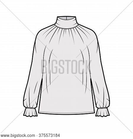 Turtleneck Blouse Technical Fashion Illustration With Long Sleeves, Flouncy Ruffled Cuffs, Oversized