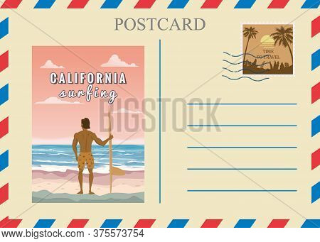 Postacrd Summer Vintage Surfer Beach Ocean. Vacation Travel Design Card With Postage Stamp. Vector I