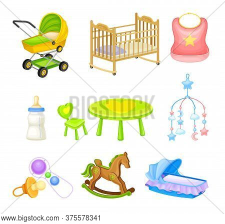 Baby Nursery Objects With Hanging Toy And Baby Carriage Vector Set