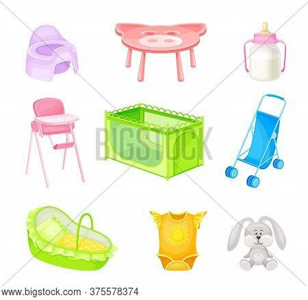 Nursery Objects With Fluffy Toy Hare And Baby Chair Vector Set