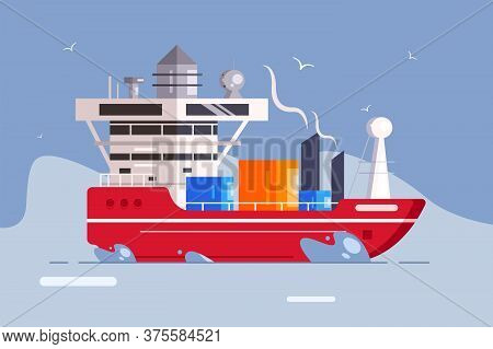 Tanker Cargo Ship With Containers Floating In The Open Ocean. Illustration