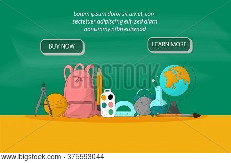Back To School Vector Set. Landing Page Design With School Stationery. Cartoon Style Illustrations. 