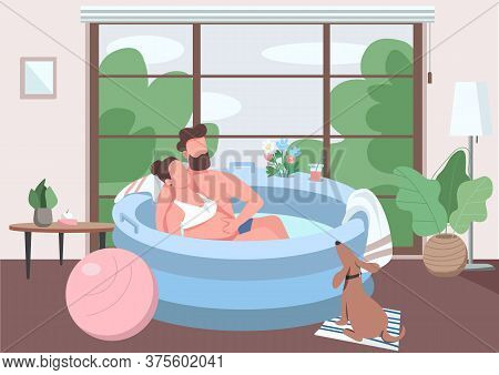 Lamaze Class Flat Color Vector Illustration. Pregnant Woman Sit Warm Water With Man. Alternative Bir
