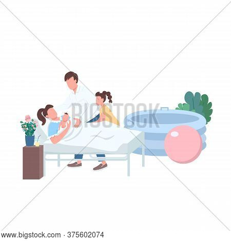 Child Delivery Flat Color Vector Faceless Characters. Lamaze Method For Labor. Family With Newborn. 