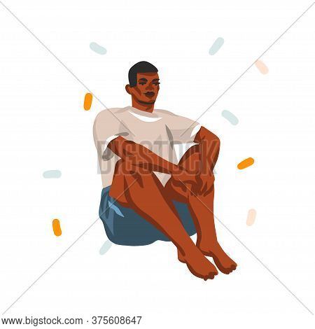 Hand Drawn Vector Abstract Stock Graphic Illustration With Young Happy Black African American Casual