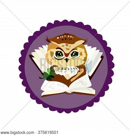 Wise Owl With A Textbook And Green Clover.owl Reads A Book.cute Bird Alphabet For A Primer.world Boo
