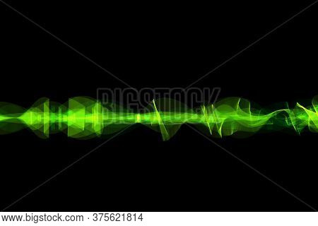 Illustration Of Green Luminous Line Of Paricles Representing A Sound Wave On A Black Abstract Futuri