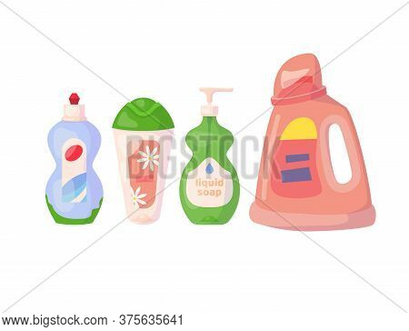 Set With Detergents. Gel For Washing Dishes, Body Gel, Liquid Soap, Liquid Powder. Vector Cartoon Fl