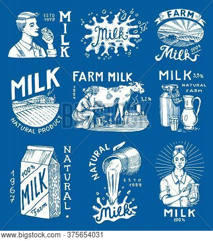 Milk Set. Cow And Woman Farmer, Milkmaid And Jug, Blot And Bottles, Packaging And Meadow, Man Holds 