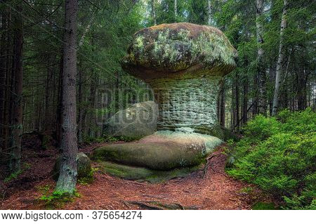 Geological Rock Formation Shaped Like Stone Mushroom. Stolowe Mountains National Park, Lower Silesia