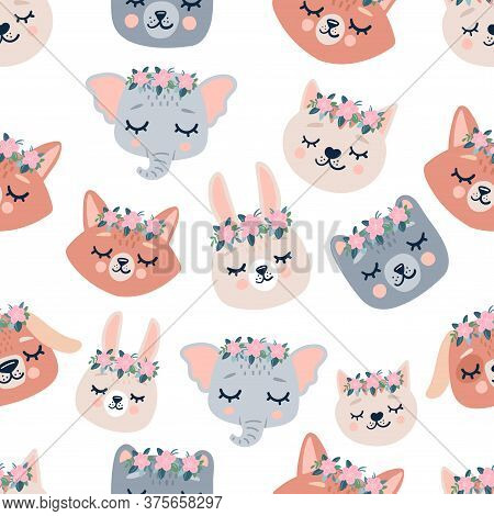 Cute Seamless Spring Pattern With Sleeping Animals. Hand Drawn Background With Animal For Children.