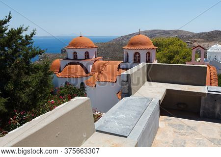 Beautiful Monastery Of Agios Savvas Located On Top Of A Hill Above Pothia Town, The Capital Of Kalym