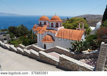 Beautiful Monastery Of Agios Savvas Located On Top Of A Hill Above Pothia Town, The Capital Of Kalym