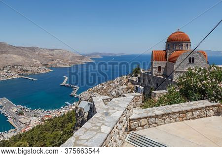 Beautiful Monastery Of Agios Savvas Located On Top Of A Hill Above Pothia Town, The Capital Of Kalym
