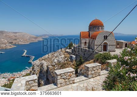 Beautiful Monastery Of Agios Savvas Located On Top Of A Hill Above Pothia Town, The Capital Of Kalym