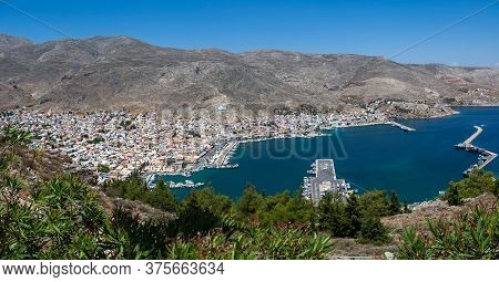 View Of Pothia Town, The Capital Of Kalymnos, Greece, From A Hill Above Pothia