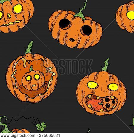 Seamless Pattern Of Halloween Pumpkins. Vector Background.