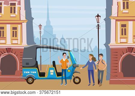 Tuk Tuk Asian Auto Rickshaw Three Wheeler Tricycle With Local Driver. Background City Urban Street T