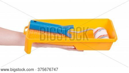 Hand With Striped Wool Paint Roller, Home Decoation And Improvement. Isolated On White Background.