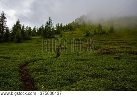 Path Climbs Between The Alpine And Granite Rocks Of Lagorai With Cloudy Skies Near Lake Levico In Tr