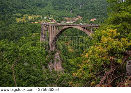 Mountain Landscape, Montenegro. Durdevica Tara Arc Bridge In The Mountains, One Of The Highest Autom