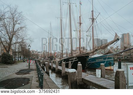 Rotterdam, Netherlands - March 9, 2020: Sailing Ships In The Harbor Veerhavenm, Rotterdam City