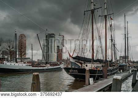 Rotterdam, Netherlands - March 9, 2020: Sailing Ships In The Harbor Veerhavenm, Rotterdam City