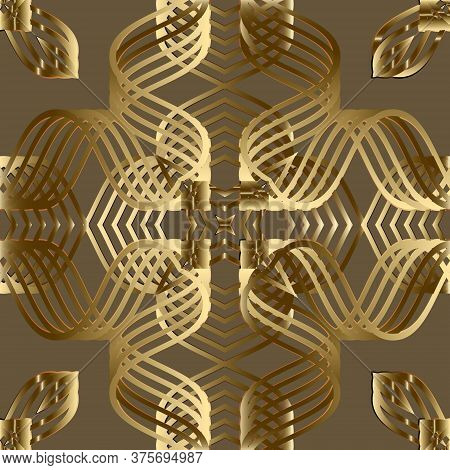 Gold Lines 3d Seamless Pattern. Line Art Patterned Ornamental Grid Background. Gold Intricate Lines 