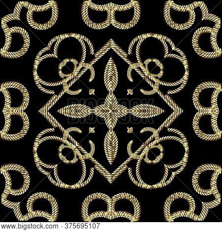 Textured Gold 3d Ropes Seamless Pattern. Tapestry Floral Vector Background. Embroidery Vintage Flowe