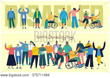 Vector Background With Disabled People, Young Handycap Persons And Friends Near Helping. World Disab