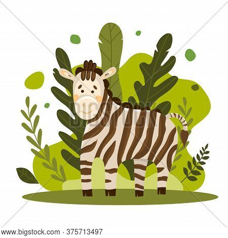 Vecton Illustration Of A Cute Striped Zebra On A Background Of Moldings And Jungle Trees. Cute Carto