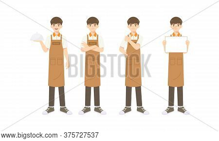 Collection Of Smart Waiter Or Assistant In Apron Uniform