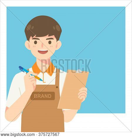Handsome Cafe Waiter In Apron Uniform