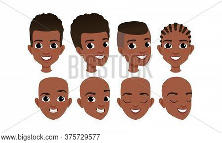 Male Heads Set, Cheerful African American Boys Characters With Various Hairstyles, Frontal, Profile,