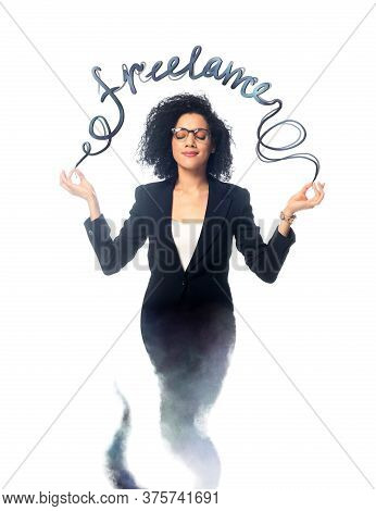 African American Businesswoman With Closed Eyes Meditating As Jinn Isolated On White With Freelance 