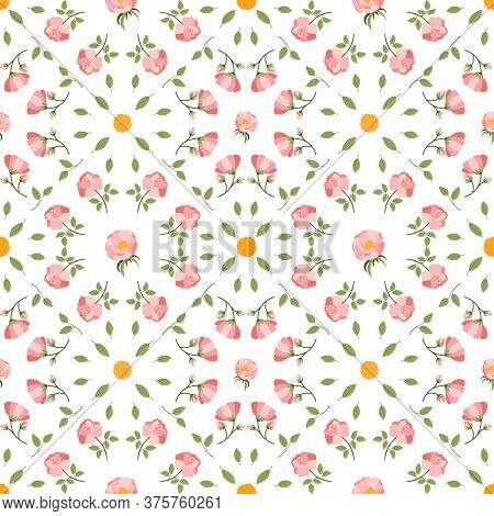 Vintage Seamless Pattern With Pink Peony, Yellow Dandelion Bloom And Green Leaves For Decorative Des
