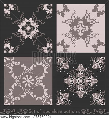 Set Of Seamless Patterns With Hearts, Interlaced Spirals And Birds. Romantic. Colors Pinkish Brown D