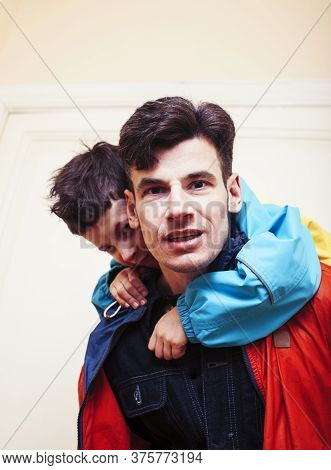 Faher And Son Together Having Fun At Home, Lifestyle Happy Family, People At Home