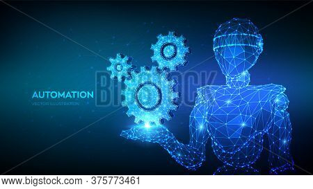 Gears. Mechanical Technology Machine Engineering Symbol In Hand. Abstract 3d Low Polygonal Robot Hol
