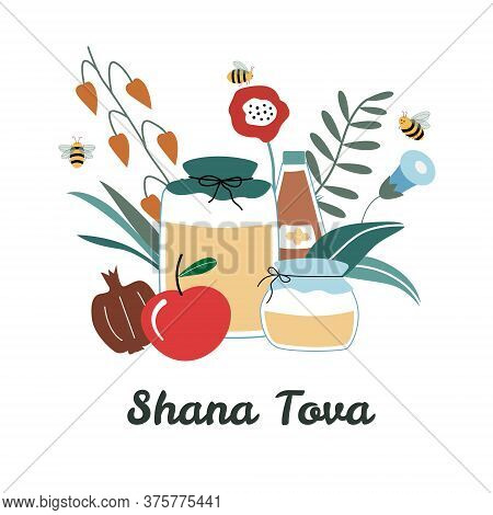 Rosh Hashanah Greeting Card. Jewish New Year Holiday Postcards. Happy Shana Tova Template For Invita