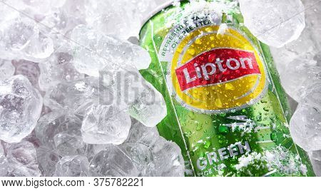 Can Of Lipton Ice Tea Soft Drink In Crushed Ice