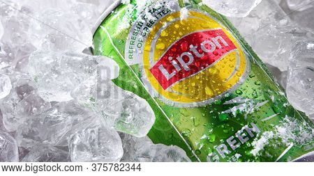 Can Of Lipton Ice Tea Soft Drink In Crushed Ice