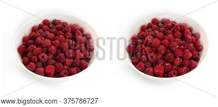 Unwashed And Washed Raspberries In White Deep Plates On A White Background.