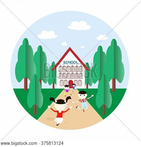 School Building Glad Children Round Banner. Art Flat Design Element Stock Vector Illustration Blue S