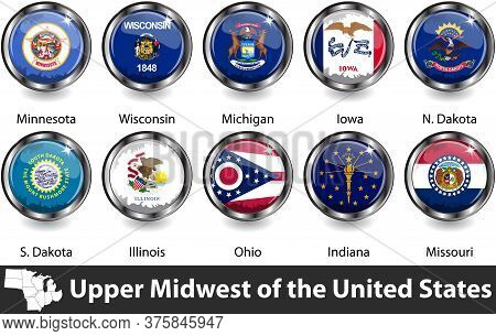 Flags Of Upper Midwest Region In The United States. Vector Image