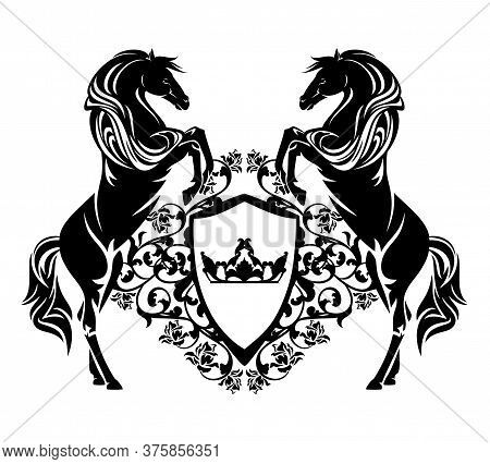 Pair Of Horses Holding Royal Heraldic Shield With Crown And Rose Flower Decor - Black And White Vect
