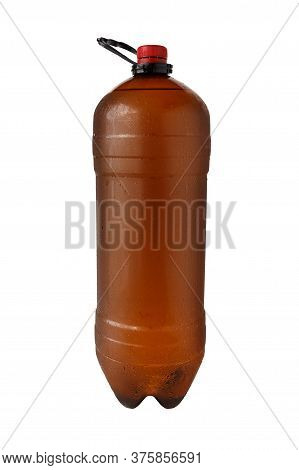 Brown Plastic Bottle Isolated On White Background. Three Liters.